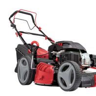 Rasenmäher MS196-53B von Scheppach, seitliche Ansicht. Der Rasenmäher hat einen 196cc Motor und große Räder für einfache Handhabung.