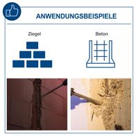 Das Bild zeigt Anwendungsbeispiele des Bohrhammers DH1600Max. Links ist die Verwendung an Ziegeln dargestellt, rechts an Beton. Der Bohrhammer eignet sich für beide Materialien.