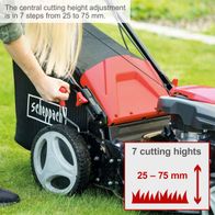 The Scheppach petrol lawnmower MS173-51 SE features a central cutting height adjustment in 7 steps from 25 to 75 mm.