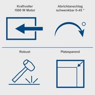 Werkzeugmerkmale: Hochleistungsmotor (1500 W), präzise Ausrichtungsbewegung (0–45°), robuste Bauweise, platzsparende Konstruktion
