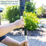 Modularer Akku-Rasenmäher-Schaft mit ergonomischer Griffhaltung für platzsparende Lagerung