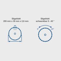Das Sägeblatt hat die Maße 255 mm x 30 mm x 2,8 mm und ist schwenkbar von 0 bis 45 Grad.
