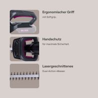 Die Akku-Heckenschere GO-HES570 gomag von Scheppach verfügt über einen ergonomischen Griff mit Softgrip, einen Handschutz für maximale Sicherheit und ein lasergeschnittenes Dual-Action-Messer.