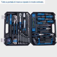 Der Werkzeugkoffer WZK120 von Scheppach enthält 96 Teile. Alles ist griffbereit und ordentlich verstaut.