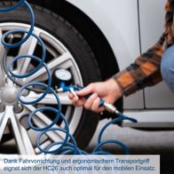 Der Kompressor HC26 von Scheppach ist dank Fahrvorrichtung und ergonomischem Transportgriff optimal für den mobilen Einsatz geeignet.