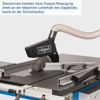 Staubarmes Arbeiten dank Doppel-Absaugung direkt an der Maschine (unterhalb des Sägeblatts und an der Schutzhaube).