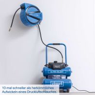 Automatische Druckluftschlauchtrommel mit schnellem Aufwickeln, 10-mal schneller als herkömmliche Systeme, ultra-silent Betrieb, 200 Liter/Minute, 10 bar Druck.