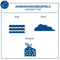 Anwendungsbeispiele für das Rollsieb RS500 von Scheppach: Geeignet für Erde, Sand und Kompost. Das Sieb kann geneigt werden und verfügt über eine Fahrvorrichtung für einfache Bewegung.