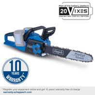 Cordless chainsaw with 10 years warranty, part of the 20VIXES battery platform. Register online for free warranty at warranty.scheppach.com.