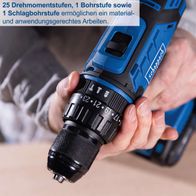 25 Stufen Drehmomentkontrolle, 1 Bohrstufe und 1 Schlagbohrstufe für präzises Arbeiten
