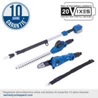 Scheppach-Akku-Multifunktionswerkzeug mit 10-Jahres-Garantie, inkl. Batterie-Set für verschiedene Geräte (Heckenschere, Hochbinder, Keilschere) mit Online-Registrierung für kostenlose Garantie.