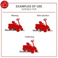 The petrol ride-on lawnmower MR225-61 by Scheppach is suitable for mowing, side ejection, and collecting grass. The illustrations show the different functions of the lawnmower.