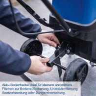 Akku-Bodenhacke für kleine und mittlere Flächen mit praktischen Funktionen für Bodenlockerung, Unkrautentfernung, Saatvorbereitung und Düngerarbeitung.
