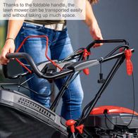The lawnmower features a foldable handle, making it easy to transport and space-saving.