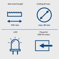 Metal band saw with LED lighting and 1200 W motor, max. 1141 mm band length and 80 mm cutting diameter