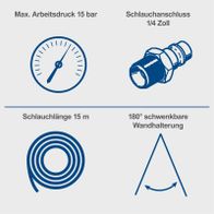 Automatik Druckluft Schlauchtrommel mit 15m Schlauchlänge, max. 15 bar Arbeitsdruck, 1/4 Zoll Schlauchanschluss und 180° schwenkbarer Wandhalterung.