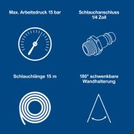 Technische Merkmale der Automatik-Druckluft-Schlauchtrommel mit 15 m Länge, 15 bar Arbeitsdruck, 1/4 Zoll Anschluss und 180° Schwenkbarkeit