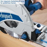 Die integrierte Splitterschutzvorrichtung der Tauchsäge PL75 Scheppach sorgt für splitterfreie Kanten. Die Säge verfügt über ein Sägeblätter pro Minute.