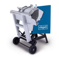 Wippkreissäge HS550 von Scheppach, seitliche Ansicht. Die Säge ist auf einem blauen Hintergrund mit dem Markennamen Scheppach abgebildet.