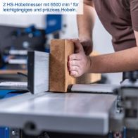 Scheppach-Hobelmaschine mit Textangabe zu zwei HS-Hobelmessern bei 6500 U/min für präzises Hobeln