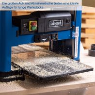 Scheppach-Dickenhobelmaschine mit Aufnahmetisch für lange Werkstücke, Beschriftung zur Höhenanpassung