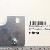 Einhängeplatte m. Bolzen vorne, Ansicht von vorne, mit zwei Bolzen und einer Aussparung.