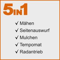 Wichtige Funktionen: Mähen, Seitenauswurf, Mulchen, Tempomat, Radantrieb