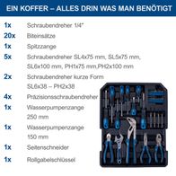 Werkzeugkoffer WZT187 Scheppach mit Schraubendreher- und Bitensatz, präzise Werkzeuge und Wasserpumpenzangen für DIY-Projekte