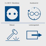 Wichtige Merkmale des Stromerzeugers: 2x 230V-Steckdosen, langanhaltende Betriebssicherheit, robuste Bauweise und hohe Leistungsstärke