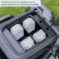 The battery-powered lawnmower BC-MP470-X by Scheppach features a powerful 2x 20 V battery for operation and a battery extension for 2 additional batteries.