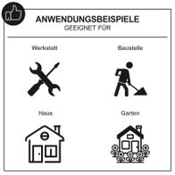 Anwendungsbeispiele für Werkzeuge in Werkstatt, Haus und Garten mit Illustrationen zu typischen Einsatzszenarien