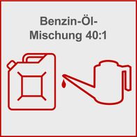 Benzin-Öl-Mischung 40:1. Ein Kanister und ein Ölkännchen sind abgebildet. Aus dem Ölkännchen tropft Öl in den Kanister.