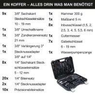 Werkzeugkoffer mit detaillierter Liste aller enthaltenen Werkzeuge für das Scheppach-Werkzeugset WZB120-BE