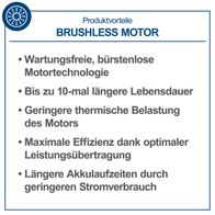 Brushless-Motor-Vorteile: Wartungsfrei, längere Lebensdauer, geringere thermische Belastung, maximale Effizienz, längere Akkulaufzeit durch geringeren Stromverbrauch
