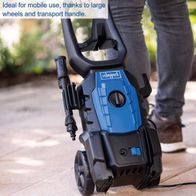 The Scheppach Pressure Washer HPC1600 is ideal for mobile use thanks to large wheels and transport handle.