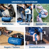 Universal einsetzbare Werkzeuge für Reifenauffüllen, Ausblasen, Sportartikel, Nageln/Tackern und Drucklufträtsche mit Scheppach-Kompressor.