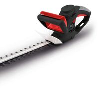 Elektro-Heckenschere HTE550 Scheppach, seitliche Ansicht, schwarzer Griff mit rotem Akzent, lange Klinge mit scharfen Zähnen.