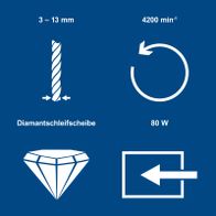Diamantschleifscheibe mit Drehzahl 4200 min⁻¹, Leistung 80 W, Durchmesser 3–13 mm