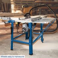 Table saw with easy-to-manoeuvre wheels for accurate placement on the workbench