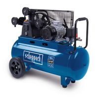 Scheppach Kompressor HC550TC mit 100L Tank, 4,0 HP, 550 L/min Ansaugleistung und Fahrvorrichtung. Gezeigt von der Seite.