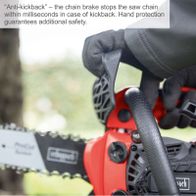 The petrol pruning saw PCS26 by Scheppach features an anti-kickback function that stops the saw chain within milliseconds in case of kickback. The hand guard provides additional safety.
