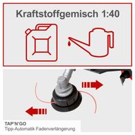 Das Bild zeigt wichtige Merkmale des 4in1 Multigartengeräts MFH5300-4BP von Scheppach. Es verwendet ein Kraftstoffgemisch von 1:40 und verfügt über eine TAP’N’GO Tipp-Automatik Fadenverlängerung.