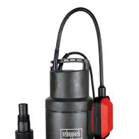 Scheppach Schmutzwassertauchpumpe SWP800-2, Ansicht von vorne. Der Pumpenkopf ist schwarz und der Pumpenfuß ist rot. Die Pumpe hat einen schwarzen Schlauchanschluss und einen roten Schwimmerschalter.