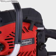 Das Startsystem der Benzin Kettensäge CSP560S von Scheppach ist ein Seilzug. Die Säge hat eine Schnittlänge von 47 cm und einen 56 ccm Motor mit 3,1 PS. Sie wird inklusive Schutzbrille und Gehörschutz geliefert.