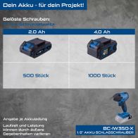 Akku-Schlagschrauber BC-IW350-X mit 2Ah-Batterie und 1000 Stück Akku, 17 mm Schraubendreherweite, Laufzeit variabel durch äußere Bedingungen