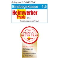 Scheppach Akku-Heckenschere C-HT570-X mit Einstufung als Produkt des Jahres 2025 und Top-Leistungsbewertung 'Sehr Gut'