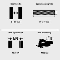 Schraubstock ASV360-80 von Scheppach. Spannweite: 0–90 mm. Spannbackengröße: 80 x 18 mm. Max. Spannkraft: 10,78 kN. Max. Belastung: 1100 kg.