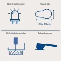 Illustration mit LED-Arbeitsleuchte, Tischgröße (255 x 415 mm), Werkstückniederhalter und Schnellspanner für Dekupiersäge