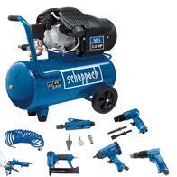 Kompressor SET GK520DCZ von Scheppach mit Zubehör. Gezeigt von der Seite.