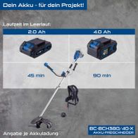 Scheppach Akku-Freischneider mit Akkudaten: Laufzeit 45 Minuten (2,0 Ah) und 90 Minuten (4,0 Ah), BC-BCH380/40-X